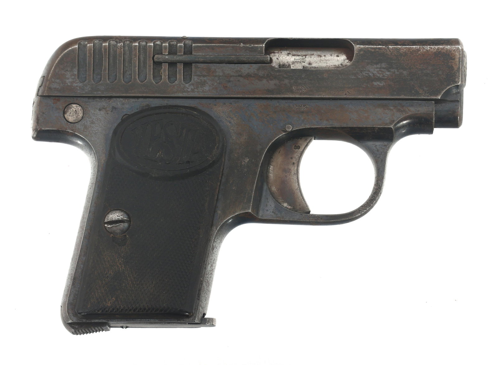 SPANISH MODEL VESTA 6.35mm CALIBER POCKET PISTOL: SPANISH MODEL VESTA 6.35mm CALIBER POCKET PISTOL Spanish Model Vesta 6.35mm caliber semi automatic pocket pistol. Blued finish. Fixed sights. Checkered hard rubber Vesta logo grips. One magazine. Cali