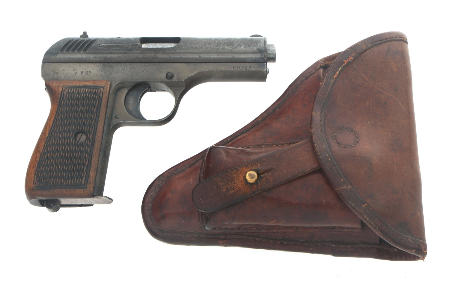 CZ MODEL VZ.27 .380 ACP CALIBER SEMI AUTO PISTOL: CZ MODEL VZ.27 .380 ACP CALIBER SEMI AUTO PISTOL CZ Model vz.27 .380 ACP caliber semi automatic pistol. No visible import mark. Serial numbers match on frame, side plate, and slide. Checkered wood gri