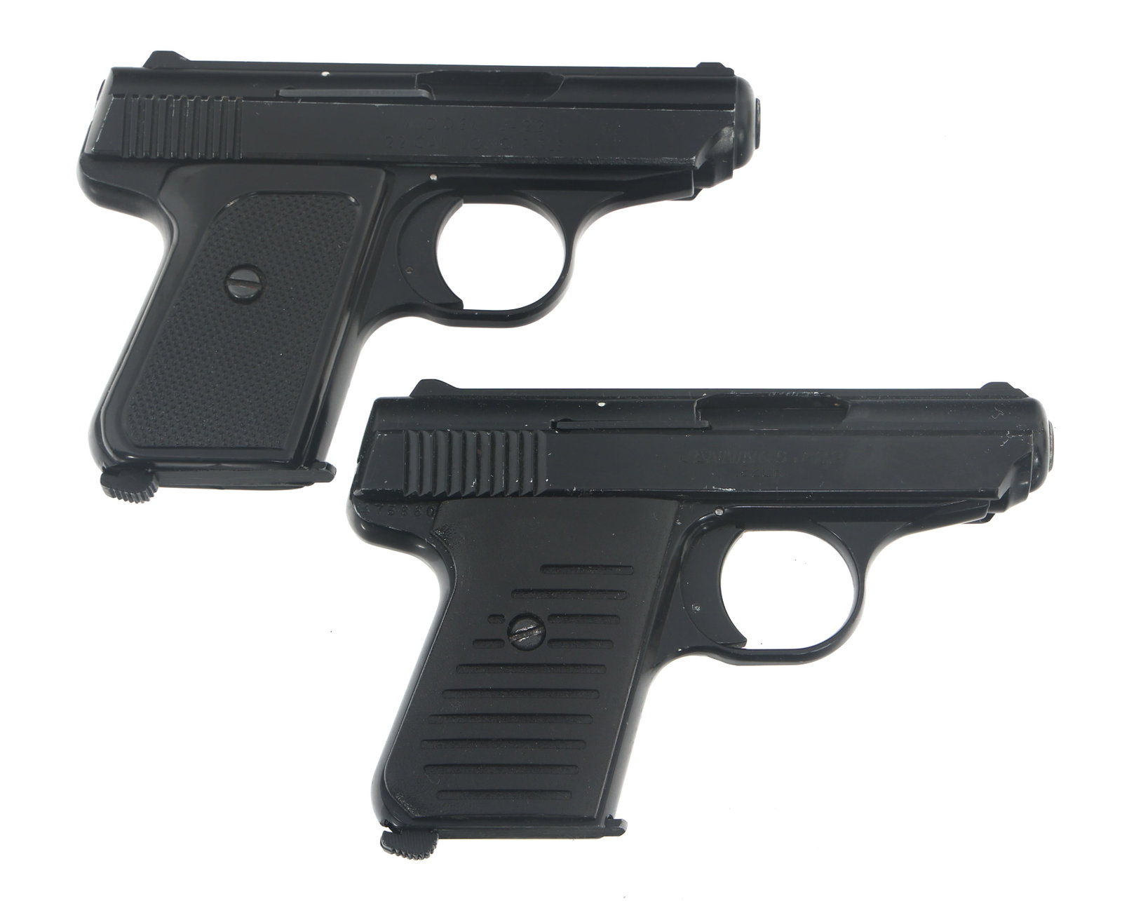 JENNINGS J22 .22 LR CALIBER SEMI AUTO PISTOLS: JENNINGS J22 .22 LR CALIBER SEMI AUTO PISTOLS Two Jennings J-22 pistols. A) Jennings J-22 .22 LR caliber semi automatic pistol. Blued finish. Fixed sights. Checkered composite grips. One magazine. B) 