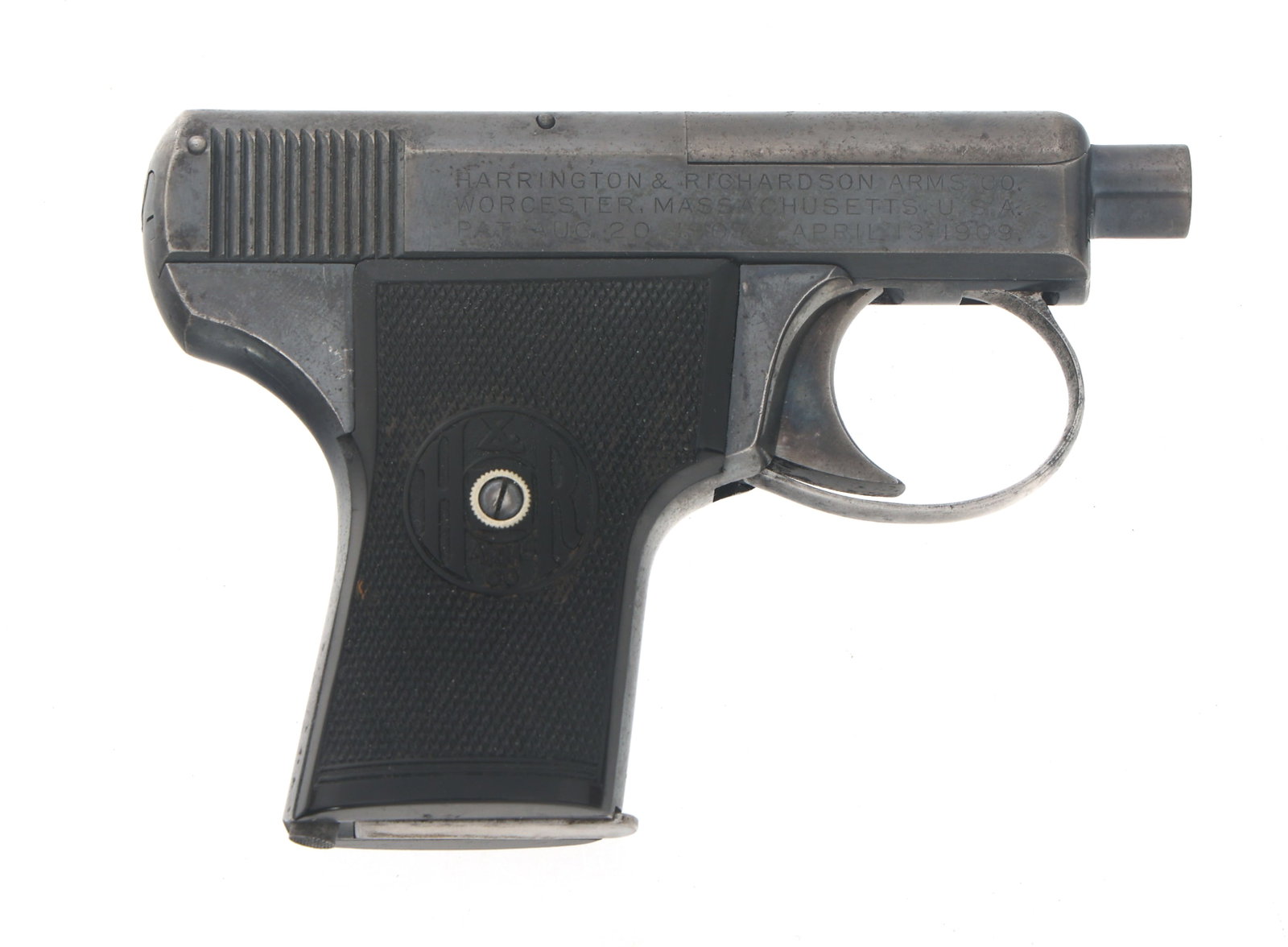 H&R SELF LOADING .25 CALIBER SEMI AUTOMATIC PISTOL: H&R SELF LOADING .25 CALIBER SEMI AUTOMATIC PISTOL Harrington & Richardson .25 caliber semi automatic pistol. Blued finish. Checkered composite grips with H&R logo. One magazine. Caliber / Gauge: 25 B