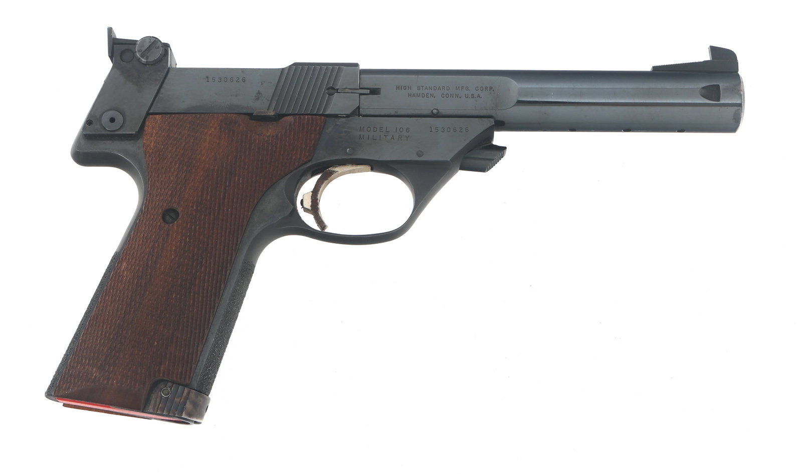 HIGH STANDARD MODEL 106 MILITARY .22 LR PISTOL: HIGH STANDARD MODEL 106 MILITARY .22 LR PISTOL High Standard Model 106 Military .22 LR caliber semi automatic target pistol. Blued finish. Adjustable rear sight. Bottom of barrel has been drilled and 
