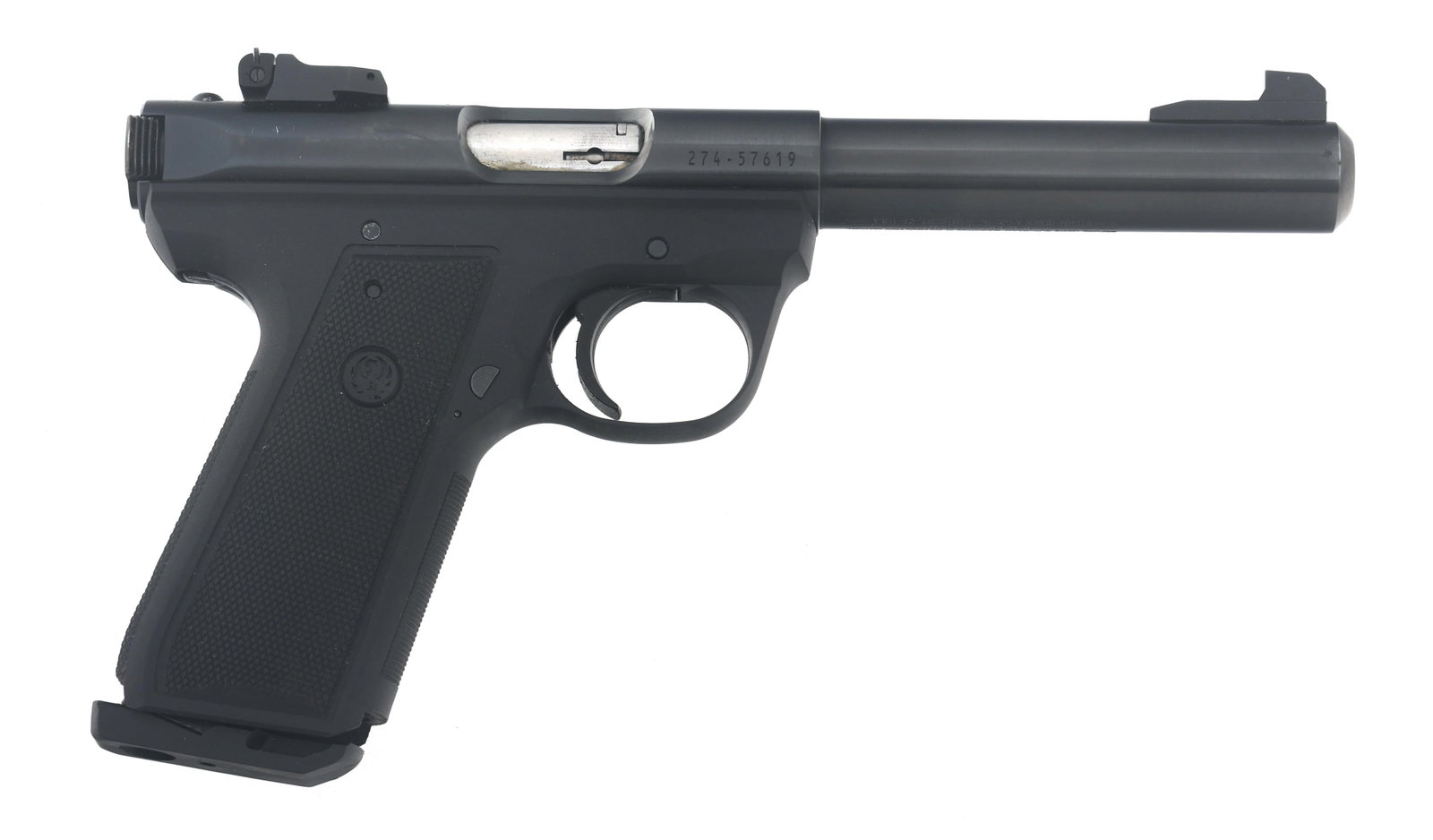 RUGER MODEL 22/45 Mk III .22 CALIBER TARGET PISTOL: RUGER MODEL 22/45 Mk III .22 CALIBER TARGET PISTOL Ruger Model 22/45 Mk III .22 LR caliber target pistol. Blued finish. Adjustable rear sight. Bull barrel. Picatinny rail. Polymer frame with checkered