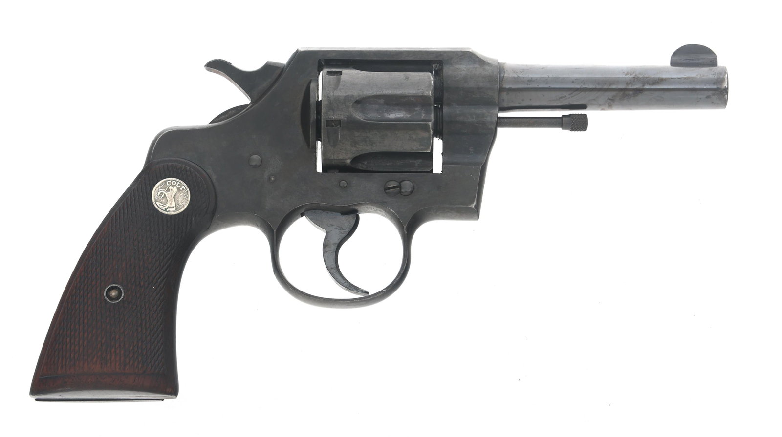 COLT OFFICIAL POLICE MODEL .38 SPL CAL DA REVOLVER: COLT OFFICIAL POLICE MODEL .38 SPL CAL DA REVOLVER 1941 Colt Official Police Model .38 Special caliber DA revolver. Serial number matches on frame, crane arm, and grips. Six shot fluted cylinder. Chec