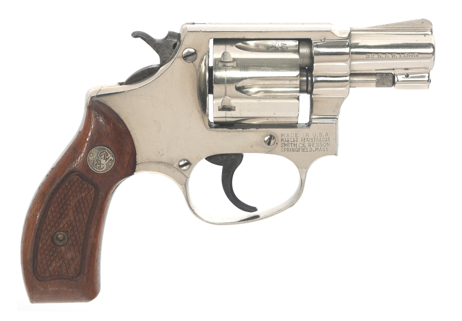 SMITH & WESSON PRE-MODEL 30 .32 S&W LONG REVOLVER: SMITH & WESSON PRE-MODEL 30 .32 S&W LONG REVOLVER Smith & Wesson Post-war Pre-Model 30 .32 S&W Long caliber DA revolver. Nickel finish. Fixed sights. Six-shot fluted cylinder. Checkered wood grips wit