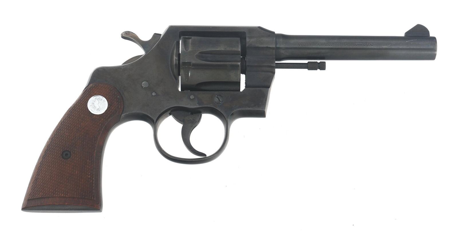 1967 COLT OFFICIAL POLICE .38 CALIBER DA REVOLVER: 1967 COLT OFFICIAL POLICE .38 CALIBER DA REVOLVER 1967 Colt Official Police .38 caliber double action revolver. Blued finish. Fixed sights. Checkered wood grips with Colt medallion. Six shot fluted cy