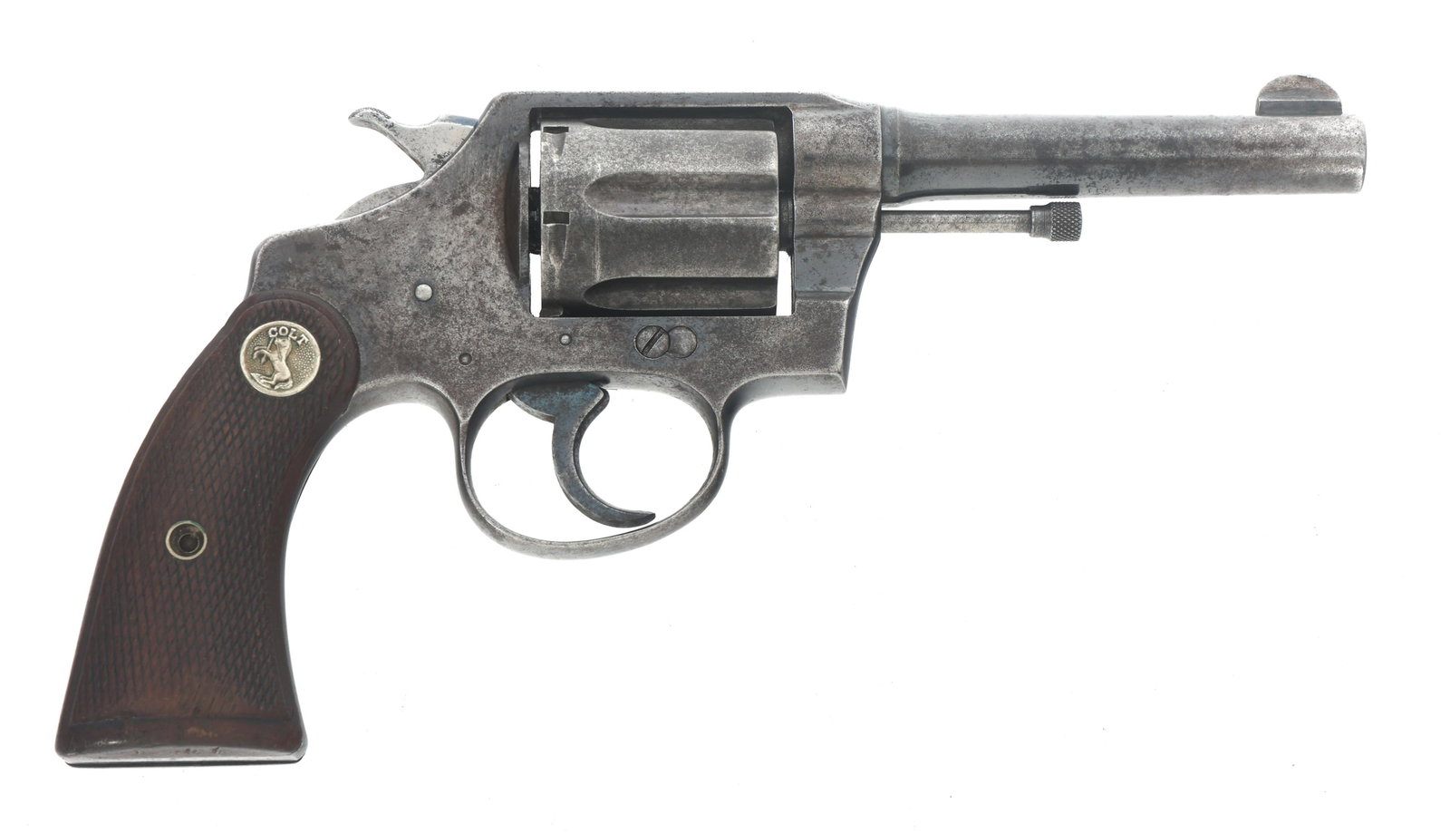 1914 COLT MODEL POLICE POSITIVE .38 CAL REVOLVER: 1914 COLT MODEL POLICE POSITIVE .38 CAL REVOLVER 1914 Colt model police Positive .38 caliber DA revolver. Serial number matches on frame and crane arm. Checkered wood grips with Colt medallion. Calibe
