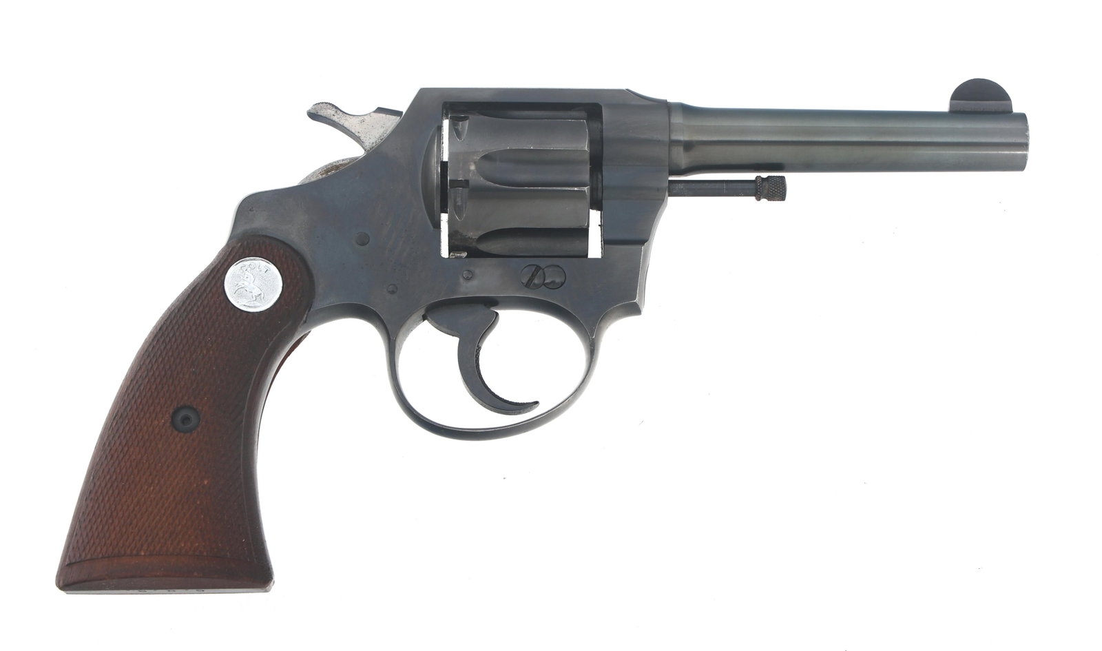 1929 COLT POLICE POSITIVE .38 CALIBER DA REVOLVER: 1929 COLT POLICE POSITIVE .38 CALIBER DA REVOLVER 1929 Colt Police Positive .38 caliber double action revolver. Blued finish. Fixed sights. Initials C.N.B. stamped into butt. Checkered wood grips with