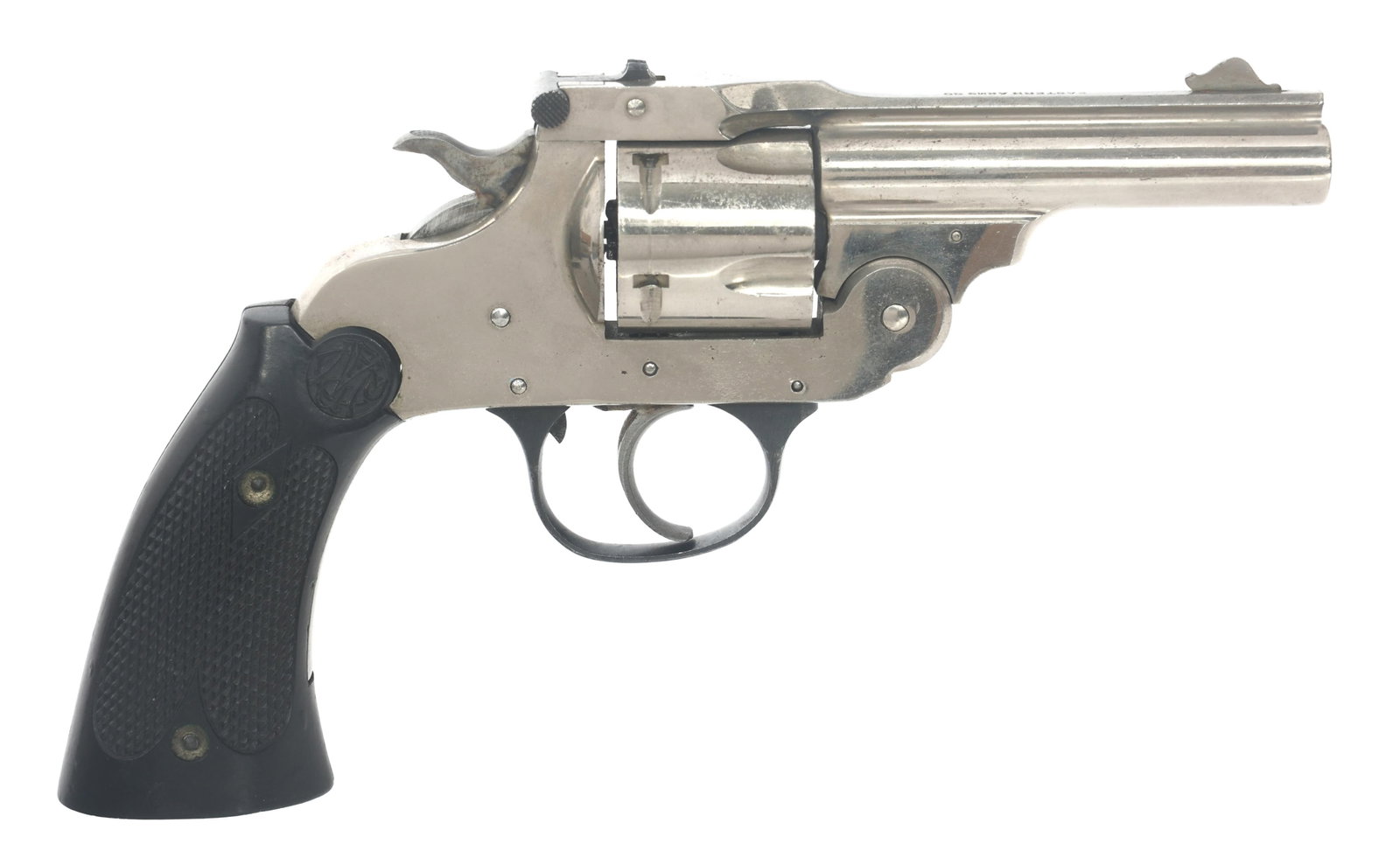EASTERN ARMS CO. TOP BREAK .38 CALIBER REVOLVER: EASTERN ARMS CO. TOP BREAK .38 CALIBER REVOLVER Eastern Arms Co .38 caliber top break revolver. Nickel plated. Checkered composite grips. Five shot fluted cylinder. Caliber / Gauge: 38 Barrel Length: 