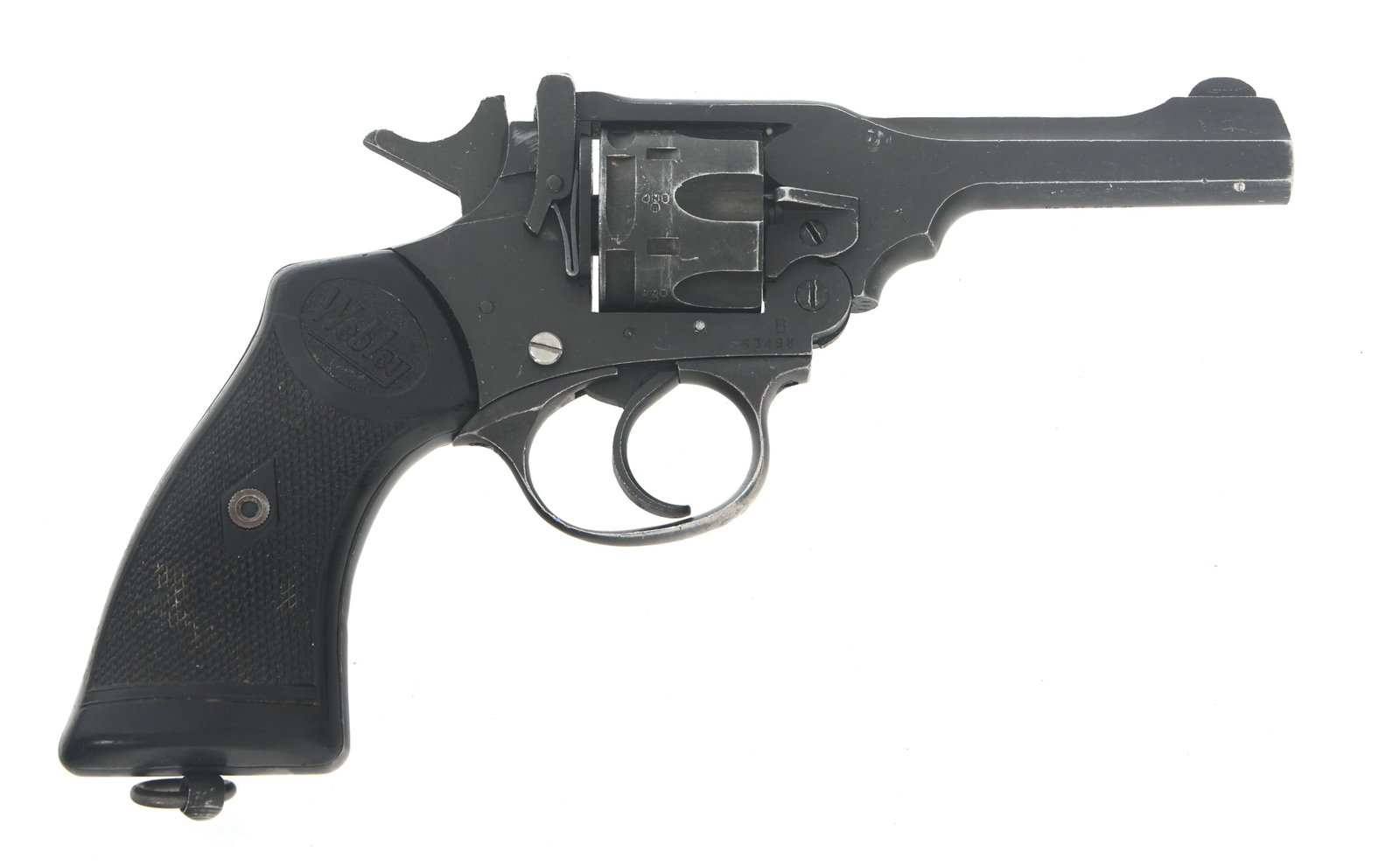 WEBLEY & SCOTT MODEL Mk IV .38 CALIBER REVOLVER: WEBLEY & SCOTT MODEL Mk IV .38 CALIBER REVOLVER Webley & Scott Model Mk IV .38 caliber double action revolver. No import stamp. Serial numbers match on frame, barrel and cylinder. Fixed sights. Lanyar