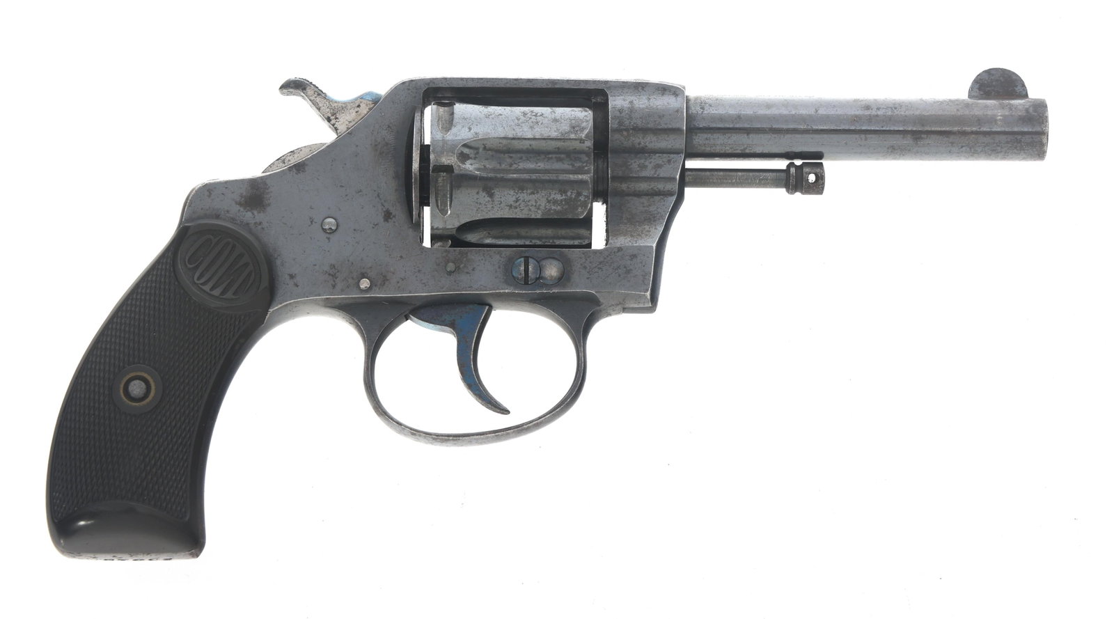 1904 COLT NEW POCKET MODEL 32 CALIBER REVOLVER: 1904 COLT NEW POCKET MODEL 32 CALIBER REVOLVER 1904 Colt New Pocket Model .32 caliber DA revolver. Production 748 stamped on frame, crane arm, and grip. Six shot fluted cylinder. Hard rubber grips wit