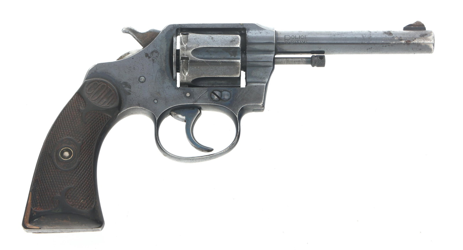 COLT MODEL NEW POLICE 32 CALIBER DA REVOLVER: COLT MODEL NEW POLICE 32 CALIBER DA REVOLVER 1907 Colt Model New Police 32 caliber DA revolver. Serial number matches on frame and crane arm. Police Positive stamped on right barrel. Colt New Police 3