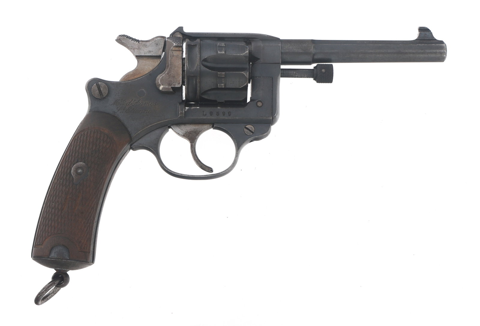 FRENCH ST. ETIENNE MODEL 1892 8mm CALIBER REVOLVER: FRENCH ST. ETIENNE MODEL 1892 8mm CALIBER REVOLVER French St. Etienne Model 1892 8mm caliber revolver. Blued finish. Right frame stamped Manufacture d'Armes de Saint-?tienne. Top of barrel stamped