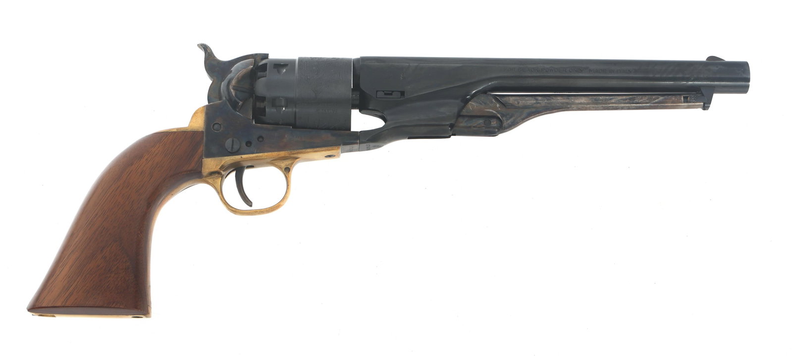 ARMI SAN PAOLO 1860 44 CALIBER PERCUSSION REVOLVER: ARMI SAN PAOLO 1860 44 CALIBER PERCUSSION REVOLVER Armi San Paolo Model 1860 Army .44 caliber percussion revolver. Engraved cylinder. Blued finish. Brass trigger guard, and backstrap. Case hardened fr
