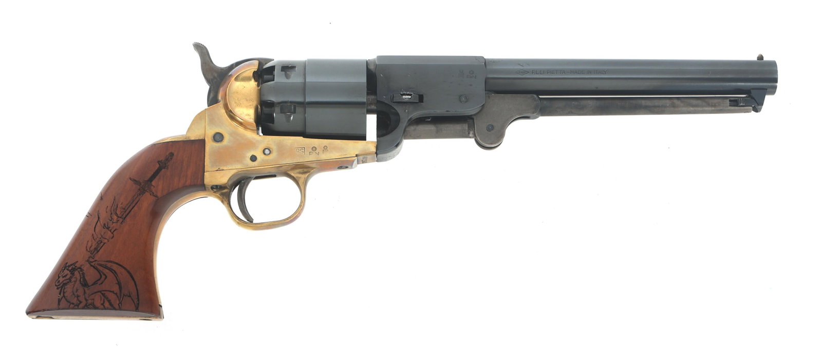 PIETTA COLT 1851 NAVY PERCUSSION REVOLVER: PIETTA COLT 1851 NAVY PERCUSSION REVOLVER F.LLI Pietta copy of Colt Model 1851 Navy .44 caliber percussion revolver. Blued finish. Brass frame, trigger guard and backstrap. Fixed sights. Dragon and sw