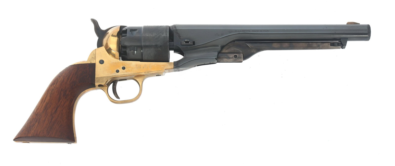PIETTA COLT 1861 ARMY PERCUSSION REVOLVER: PIETTA COLT 1861 ARMY PERCUSSION REVOLVER F.LLI Pietta copy of Colt Model 1861 Navy .44 caliber percussion revolver. Engraved cylinder. Blued finish. Brass frame, trigger guard and backstrap. Fixed si