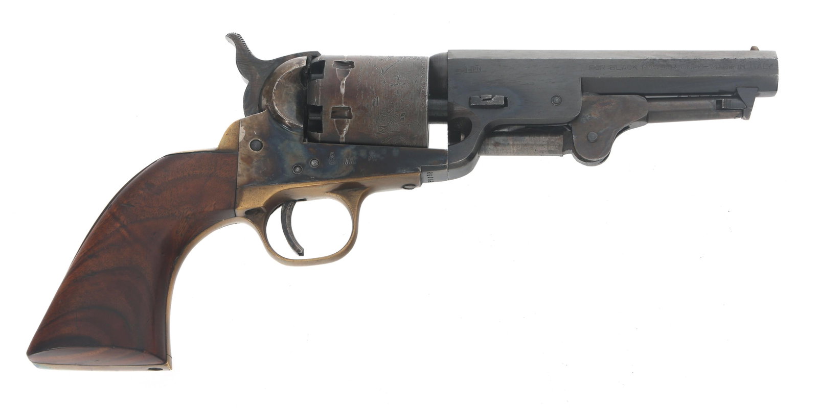 A. UBERTI SHERIFF MODEL .36 CALIBER REVOLVER: A. UBERTI SHERIFF MODEL .36 CALIBER REVOLVER A. Uberti Sheriff Model .36 caliber percussion revolver. Engraved cylinder. Blued finish Brass trigger guard and backstrap. Case hardened frame. Fixed sigh