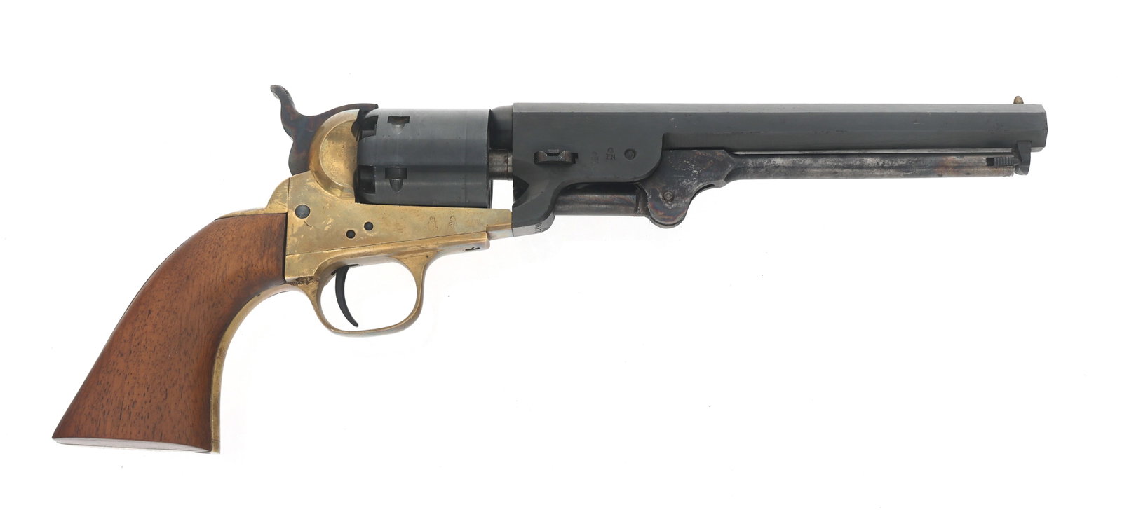 EIG MODEL 1851 NAVY .36 CAL PERCUSSION REVOLVER: EIG MODEL 1851 NAVY .36 CAL PERCUSSION REVOLVER EIG Model 1851 Navy .36 caliber single action percussion revolver. Blued finish. Brass frame, trigger guard and back strap. Case hardened loading lever.