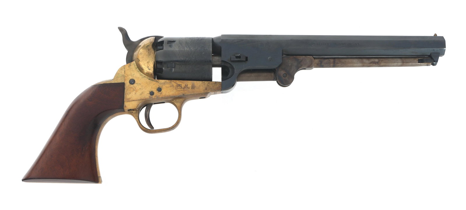PIETTA TRADITIONS 1851 36 CAL PERCUSSION REVOLVER: PIETTA TRADITIONS 1851 36 CAL PERCUSSION REVOLVER Pietta Traditions 1851 36 caliber percussion revolver. Blued finish on barrel and cylinder. Brass frame, trigger guard and backstrap. Cylinder is roll