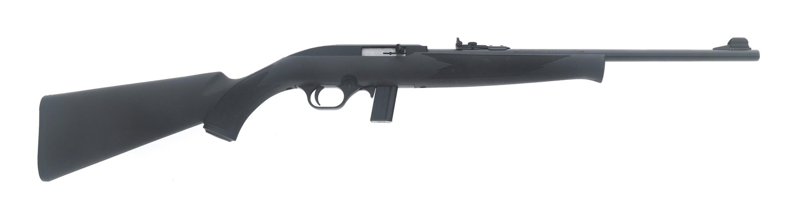 MOSSBERG MODEL 702 PLINKSTER .22 LR CALIBER RIFLE: MOSSBERG MODEL 702 PLINKSTER .22 LR CALIBER RIFLE Mossberg International Model 702 Plinkster .22 LR caliber semi automatic rifle. Matte black finish. Hooded front sight. Adjustable rear sight. Checker