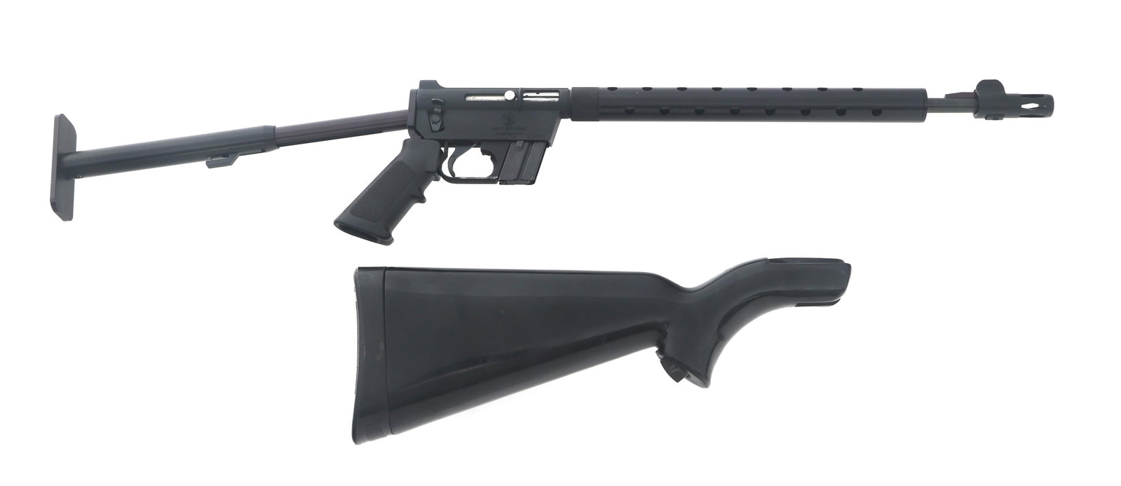 CHARTER ARMS AR-7 .22 LR CALIBER RIFLE: CHARTER ARMS AR-7 .22 LR CALIBER RIFLE Charter Arms AR-7 Explorer .22 LR caliber rifle. Blued finish. Fixed sights. Compensator. Barrel shroud. Telescoping aluminum butt stock. Checkered composite A2 