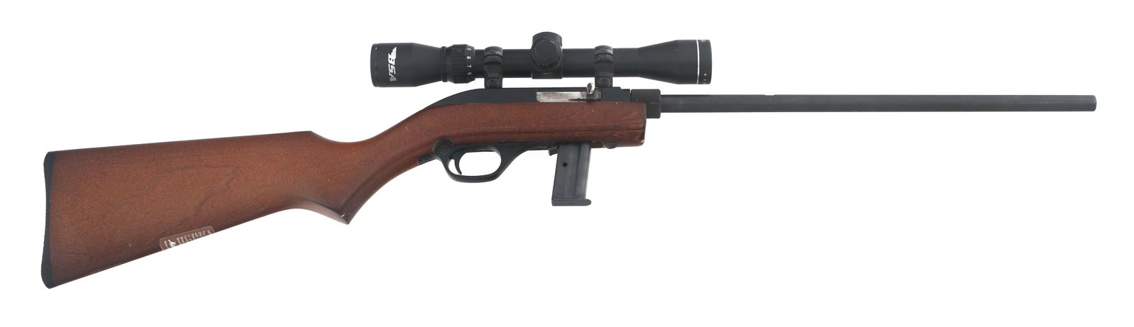 MARLIN MODEL 70P PAPOOSE .22 LR CALIBER RIFLE: MARLIN MODEL 70P PAPOOSE .22 LR CALIBER RIFLE Marlin Model 70P "Papoose" take down 22 LR caliber semi automatic rifle. Missing front and rear sight. Wood stock. BSA BZ39 3-9x32 scope with duplex retic