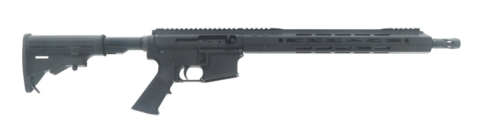 BEAR CREEK MODEL BCA15 5.56mm CALIBER RIFLE: BEAR CREEK MODEL BCA15 5.56mm CALIBER RIFLE Bear Creek Model BCA15 5.56mm caliber semi automatic rifle. Matte black finish. Flat top receiver. Aluminum MLOK handguard. Flash hider. Composite adjustabl
