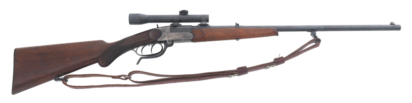 J.P. SAUER & SOHN MODEL TELL IV 5.6mm CAL RIFLE: J.P. SAUER & SOHN MODEL TELL IV 5.6mm CAL RIFLE J.P. Sauer & Sohn Model Tell IV 5.6mm caliber single shot rifle. Barrel has been sleeved from 32 WCF to 5.6mm. Blued barrel with case hardened receiver.