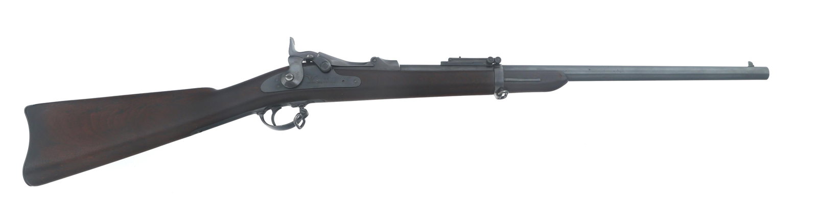 J.J. JENKINS MODEL 1884 .45-70 CALIBER CARBINE: J.J. JENKINS MODEL 1884 .45-70 CALIBER CARBINE J.J. Jenkins Model 1884 .45-70 caliber Trapdoor carbine. Left side of barrel stamped J.J. Jenkins STA. Barbara Cal. .45-70. Underside of barrel stamped B
