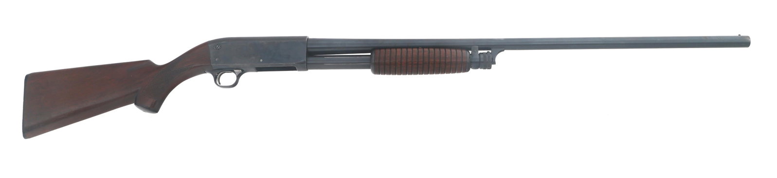 ITHACA MODEL 37 16 GAUGE PUMP ACTION SHOTGUN: ITHACA MODEL 37 16 GAUGE PUMP ACTION SHOTGUN Ithaca Model 37 16 gauge pump shotgun. 2.75" shells. Fixed Improved Modified choke. Engraved receiver. Blued finish. Checkered wood stock with composite bu