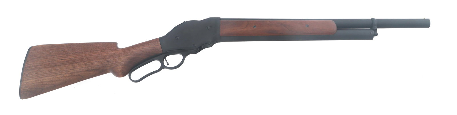 CIMARRON MODEL 1887 12 GA LEVER ACTION SHOTGUN: CIMARRON MODEL 1887 12 GA LEVER ACTION SHOTGUN Cimarron Firearms Co. Model 1887 12 gauge lever-action shotgun. Import stamped Cimarron. Matte black finish. Bead front sight. Wood stock with metal butt
