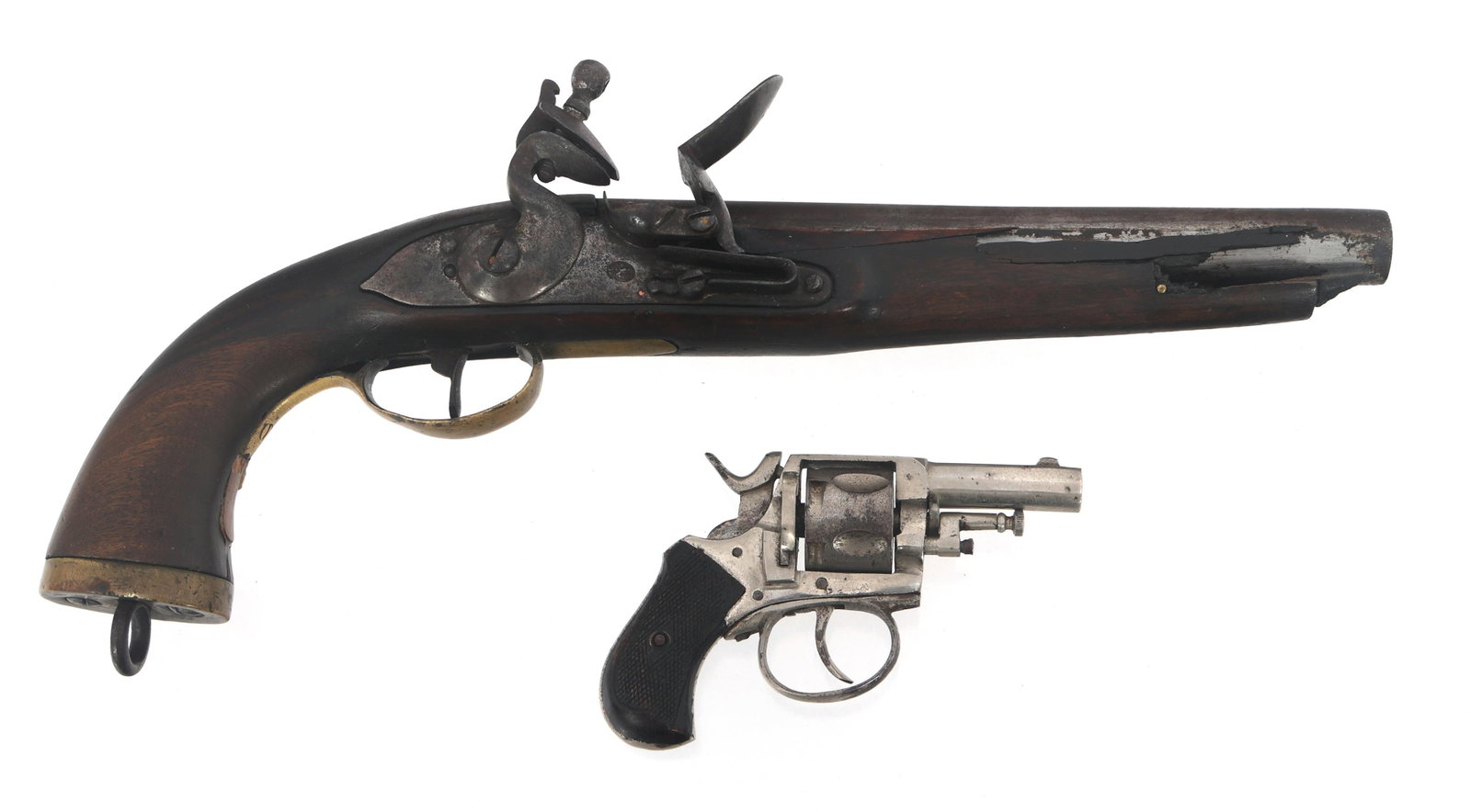 BRITISH BULLDOG REVOLVER & FLINTLOCK PISTOL: BRITISH BULLDOG REVOLVER & FLINTLOCK PISTOL British Bulldog .30 caliber double action revolver and .70 caliber flintlock pistol. A) British Bulldog .30 caliber double action revolver. Top strap stampe