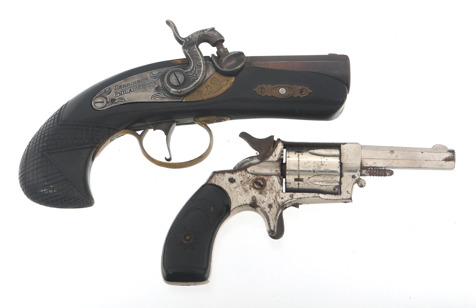 F&W .32 REVOLVER & .50 CAL PHILADELPHIA DERRINGER: F&W .32 REVOLVER & .50 CAL PHILADELPHIA DERRINGER Forehand & Wadsworth Model Russian 32 and Philadelphia 50 caliber derringer. A) Nickel finish. Five shot fluted cylinder. F&W hard rubber grips. B) Si