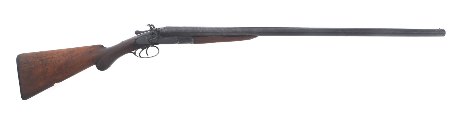 J.B. WARWOOD SIDE BY SIDE 12 GAUGE SHOTGUN: J.B. WARWOOD SIDE BY SIDE 12 GAUGE SHOTGUN J.B. Warwood side by side 12 gauge shotgun. Serial numbers match on receiver, barrel and forend. Laminated Steel stamped on barrel rib. Bead sight. Double