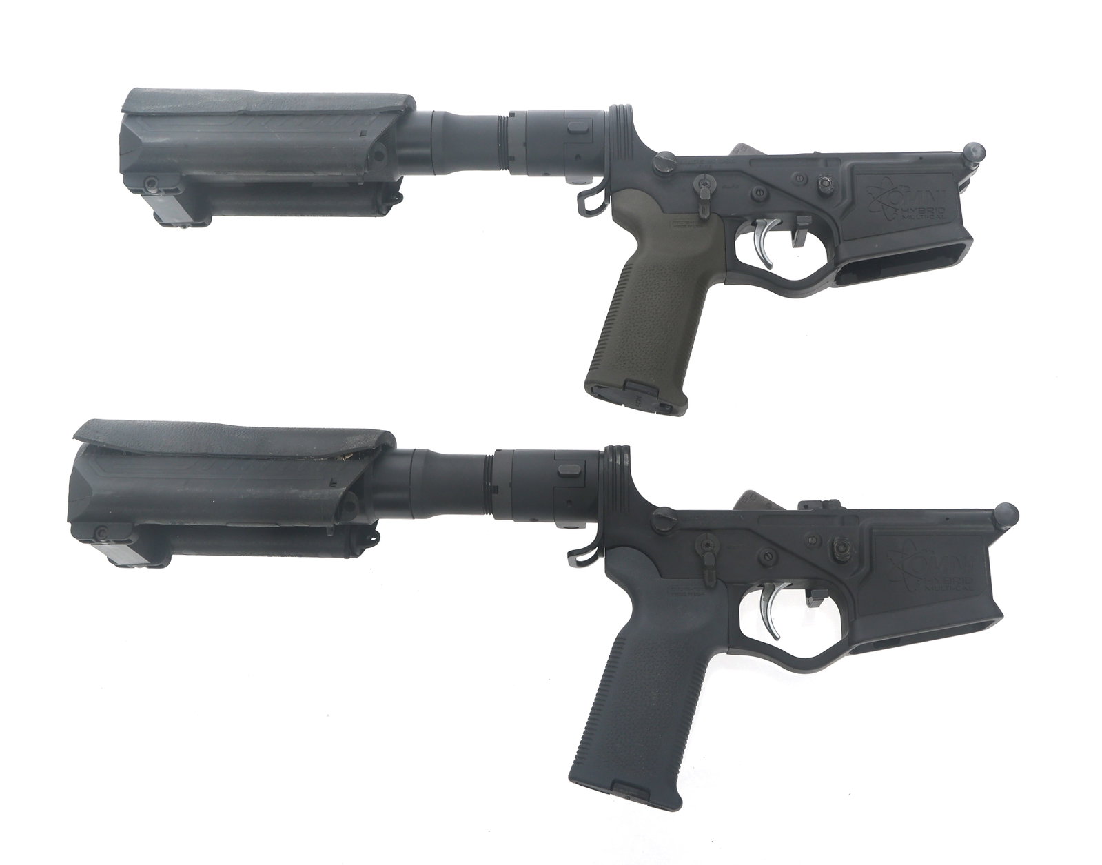 AMERICAN TACTICAL COMPLETE LOWER PISTOL RECEIVERS: AMERICAN TACTICAL COMPLETE LOWER PISTOL RECEIVERS American Tactical Omni Hybrid complete lower AR15 pistol receivers. Magazine well stamped Multi caliber. Composite pistol grip. Foldable composite pis