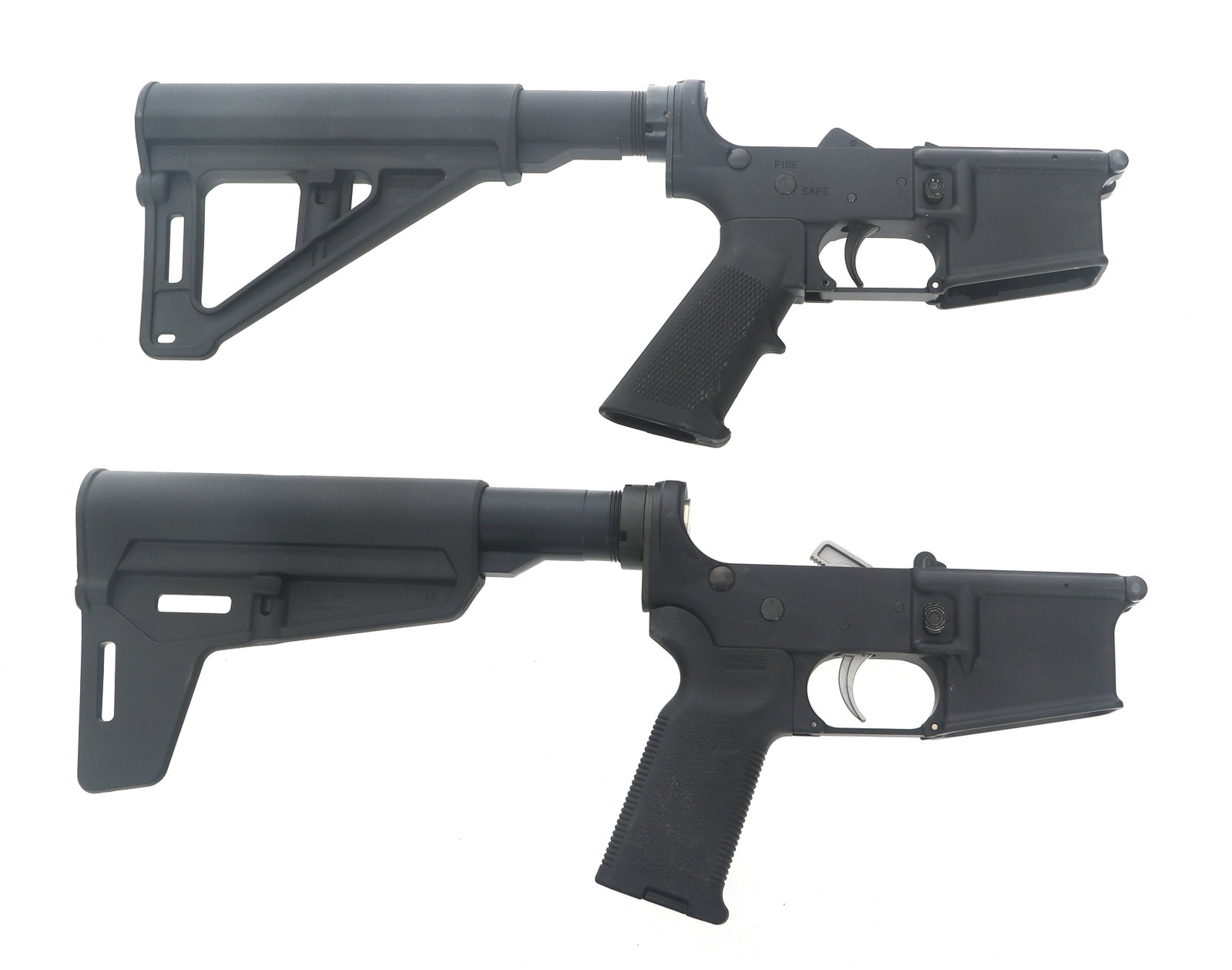 PSA PA15 & ANDERSON AM15 COMPLETE LOWER RECEIVERS: PSA PA15 & ANDERSON AM15 COMPLETE LOWER RECEIVERS PSA PA15 & Anderson AM15 complete lower receivers. A) PSA Model PA-15 complete lower AR15 receiver. Magazine well stamped Multi caliber. Composite pis