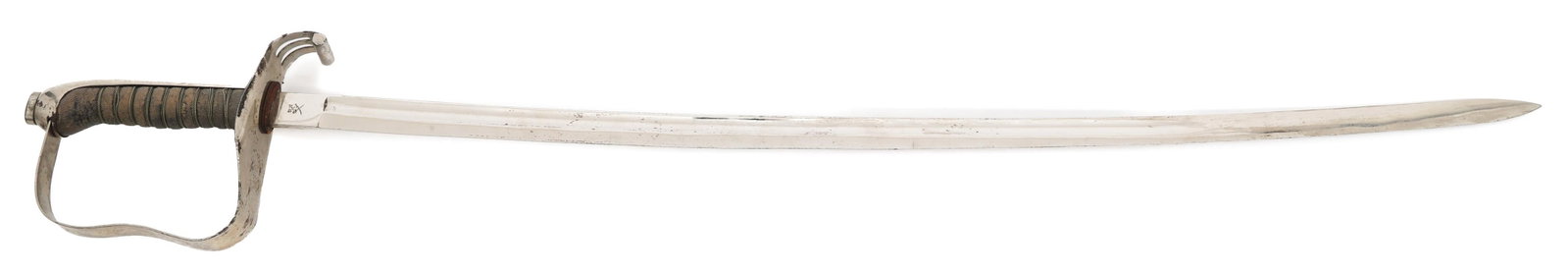 AUSTRIAN M1861 INFANTRY OFFICER SWORD: AUSTRIAN M1861 INFANTRY OFFICER SWORD Austrian M1861 Infantry Officer Sword. Single edged, slightly curved blade with fuller. Maker marked on the ricasso. Plated steel hilt with fishskin and twisted