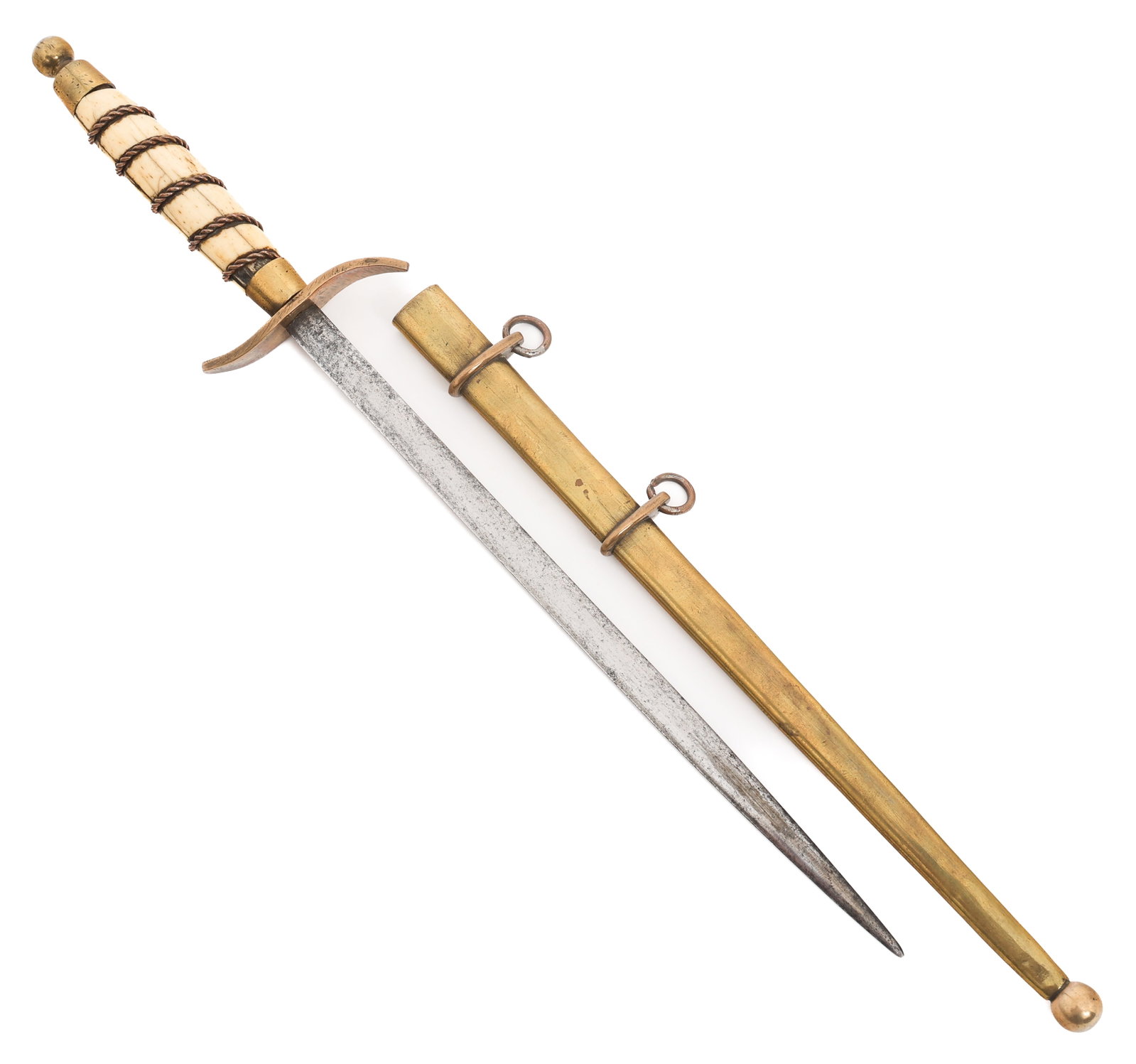 19th CENTURY EUROPEAN DIRK DAGGER: 19th CENTURY EUROPEAN DIRK DAGGER 19th Century European Dirk Dagger. Double edged, bright blade. Brass hilt with bone and twisted wire wrapped handle. Brass scabbard. Blade Length: 8 5/8" Total Length