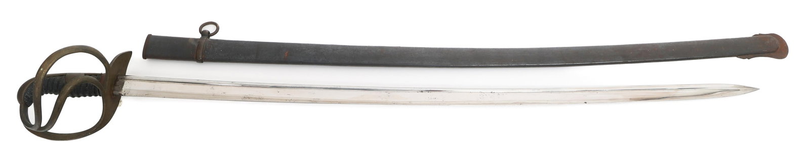 19th C. EUROPEAN SWORD WITH SCABBARD: 19th C. EUROPEAN SWORD WITH SCABBARD 19th Century European Sword. Single edged, curved blade with rounded spine. No visible marks. Leather buffer pad. Brass hilt with 3 branch D guard. Fishskin
