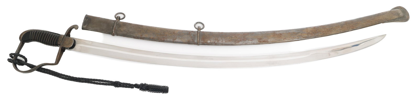 19th C. EUROPEAN SWORD WITH SCABBARD: 19th C. EUROPEAN SWORD WITH SCABBARD 19th Century European Sword. Single edged, curved blade with fuller. No visible marks. Leather buffer pad. Steel hilt with stirrup guard. Leather and twisted wire