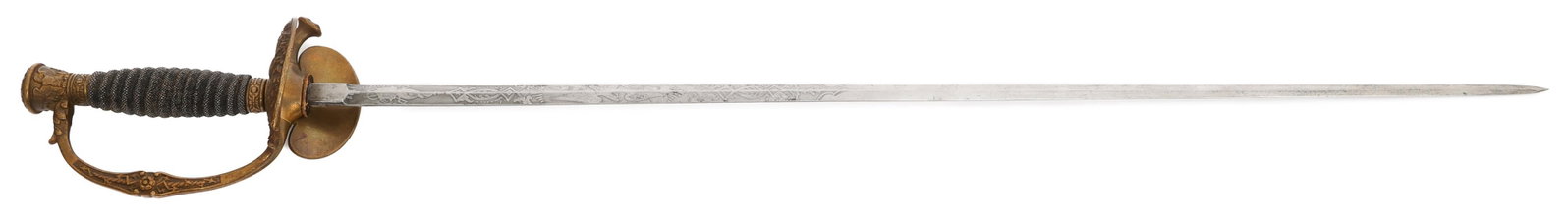 US M1860 STAFF & FIELD OFFICER SWORD - BENT & BUSH: US M1860 STAFF & FIELD OFFICER SWORD - BENT & BUSH US M1860 Staff and Field Officer Dress Sword. Double edged, bright blade. Double acid etched with floral and patriotic patterns. Maker marked by