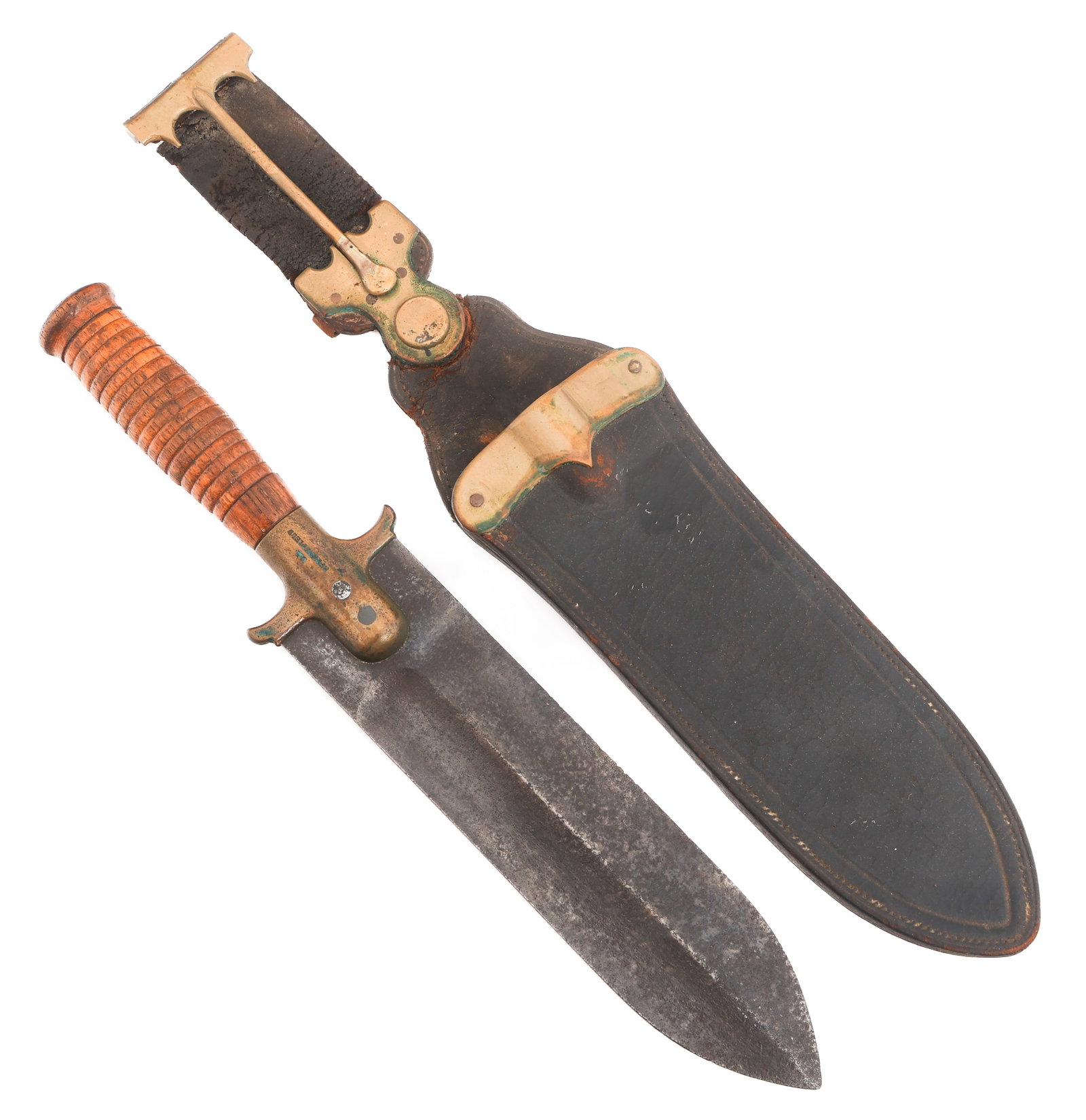 SPRINGFIELD M1880 HUNTING KNIFE & VARNEY SCABBARD: SPRINGFIELD M1880 HUNTING KNIFE & VARNEY SCABBARD U.S. Springfield Model 1880 Hunting Knife with Varney Scabbard. Double edged, wide steel blade with medial ridge. Brass guard stamped U.S. Springfield