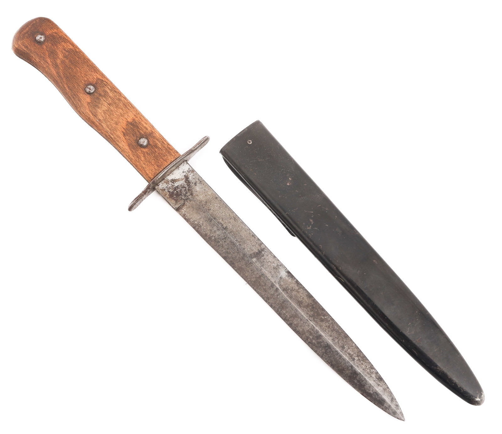 IMPERIAL GERMAN BOOT KNIFE & STEEL SCABBARD: IMPERIAL GERMAN BOOT KNIFE & STEEL SCABBARD Imperial German Boot Knife. Single edged, bright blade. No visible marks. Full tang with steel guard and wood grips. Black painted steel scabbard. Blade