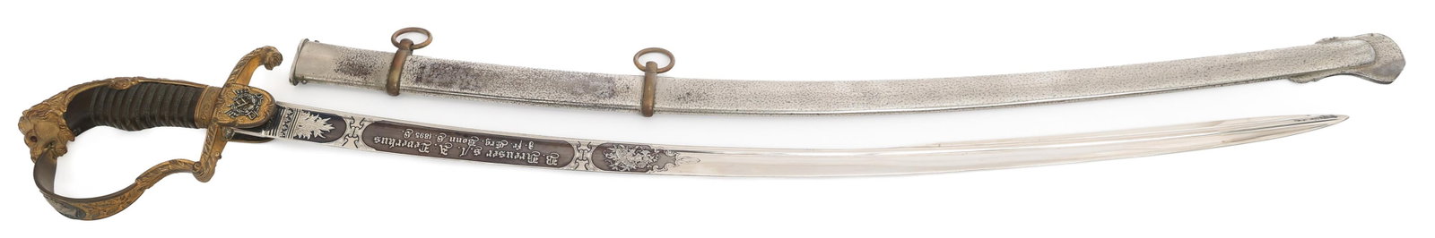 IMPERIAL GERMAN UHLAN PRESENTATION SWORD by WKC: IMPERIAL GERMAN UHLAN PRESENTATION SWORD by WKC Imperial German Uhlan Great Sword with dated presentation etching and scabbard. Single edged, quillback blade with false edge. Both sides are triple aci