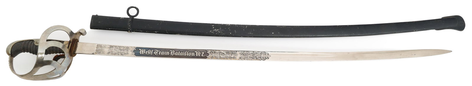 IMPERIAL GERMAN TRAIN BATALLION No 7 OFFICER SWORD: IMPERIAL GERMAN TRAIN BATALLION No 7 OFFICER SWORD Imperial German M1852 Train Batallion No 7 Officer Sword. Single edged, bright blade with fuller. Triple acid etched with "Westf. Train Bataillon No 