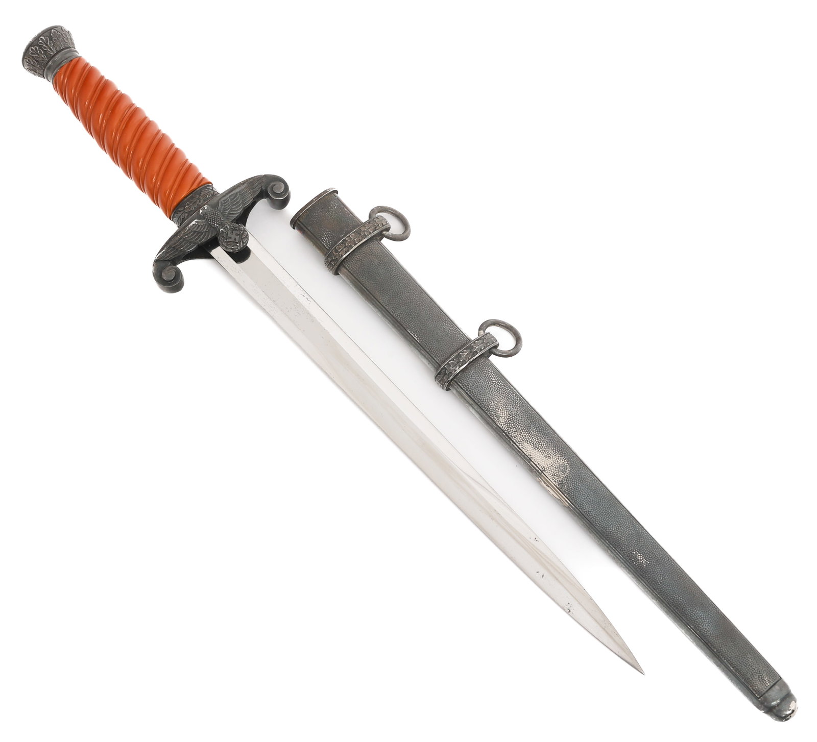 WWII GERMAN HEER M35 OFFICER DAGGER WITH SCABBARD: WWII GERMAN HEER M35 OFFICER DAGGER WITH SCABBARD WWII German Army Model 1935 Dress Dagger. Double edged, bright blade. No visible maker marks. Alloy based hilt and ferrule with orange celluloid