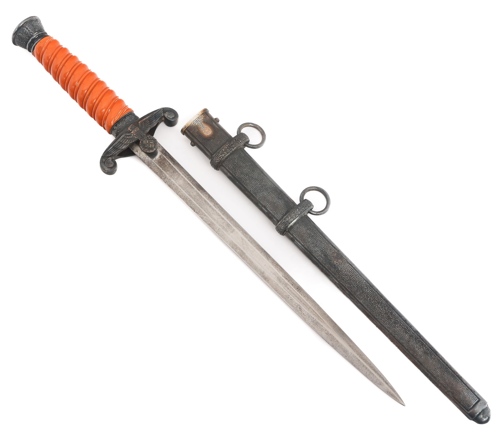 WWII GERMAN HEER M35 OFFICER DAGGER by PUMA: WWII GERMAN HEER M35 OFFICER DAGGER by PUMA WWII German Army Model 1935 Dress Dagger. Double edged, bright blade. Maker marked by Puma on the ricasso. Alloy based hilt with steel ferrule and orange