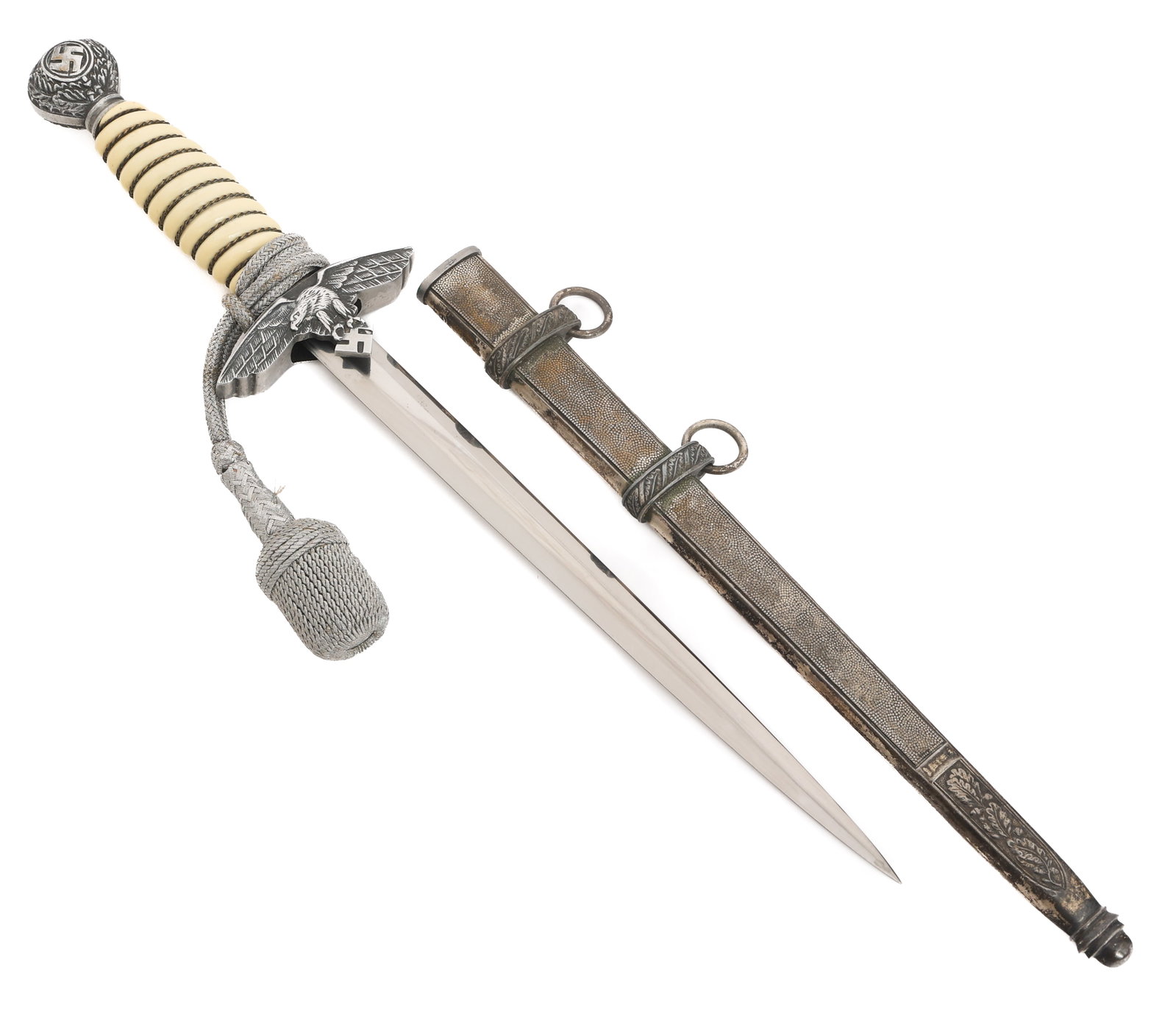 WWII GERMAN LUFTWAFFE 2nd MODEL DAGGER by EICKHORN: WWII GERMAN LUFTWAFFE 2nd MODEL DAGGER by EICKHORN WWII German Luftwaffe 2nd Model Officer Dress Dagger. Double edged, bright blade. Maker marked by Eickhorn on the ricasso. Leather buffer pad. Alloy