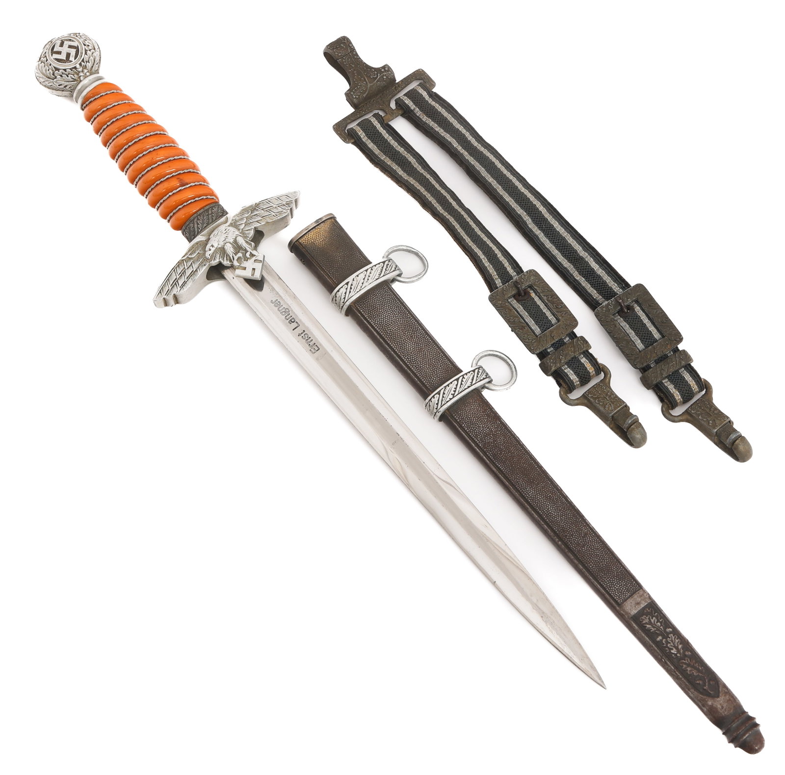 WWII GERMAN NAMED 2nd MODEL LUFTWAFFE DAGGER - SMF: WWII GERMAN NAMED 2nd MODEL LUFTWAFFE DAGGER - SMF WWII German Named 2nd Model Luftwaffe Dress Dagger. Double edged, bright blade. Named to Ernst Langner on the blade. Maker marked by SMF on the