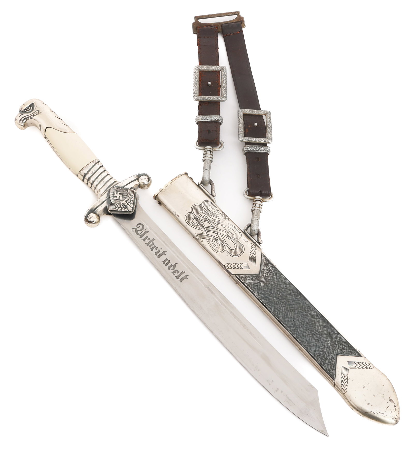 WWII GERMAN RAD OFFICER DRESS DAGGER by EICKHORN: WWII GERMAN RAD OFFICER DRESS DAGGER by EICKHORN WWII German RAD Officer Dress Dagger. Single edged, bright blade with acid etched motto "Arbeit adelt? on one side. Maker marked by Carl Eickhorn on th