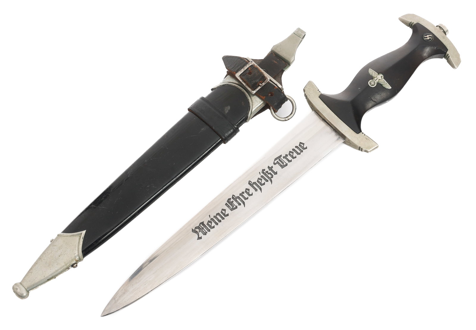 WWII GERMAN MODEL 1933 SS EM DRESS DAGGER by BOKER: WWII GERMAN MODEL 1933 SS EM DRESS DAGGER by BOKER WWII German Model 1933 SS Enlisted Man Dress Dagger. Double edged, bright blade. Slightly visible crossgrain. Acid etched motto "Meine Ehre Heist Tre